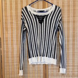 Rock & Republic Womens Striped Lace Up V-Neck Cotton Knit Sweater Black White‎ M